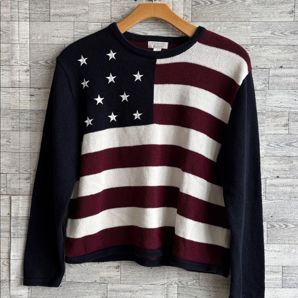 Vintage American Flag Sweater Ramie Lana‎ Del Rey Dark Red Burgundy Navy SZ XL
